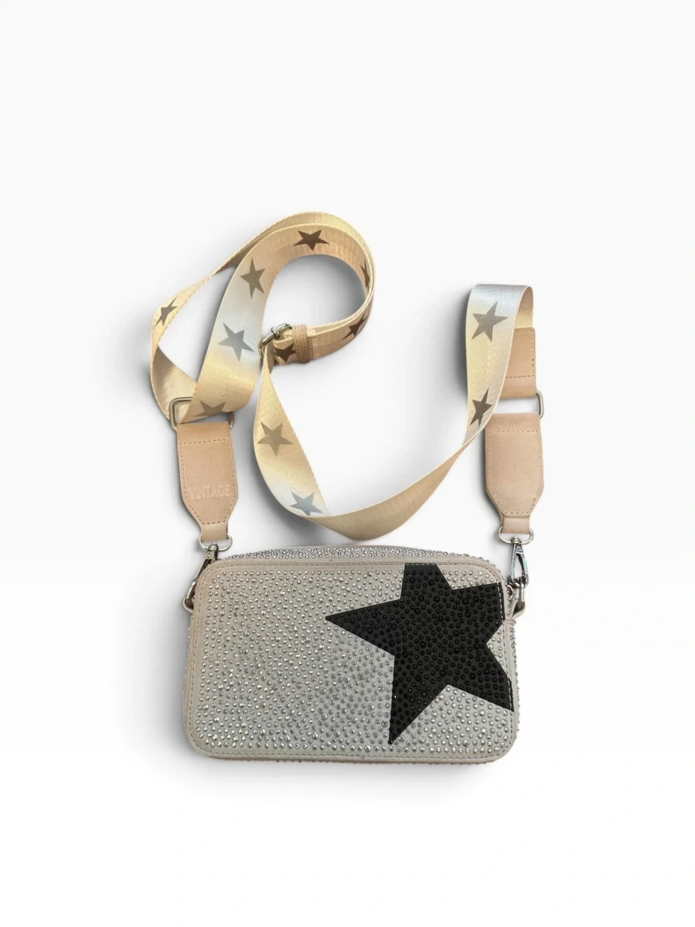 Vintage Havana Beige Crossbody with Silver Crystal Front and Black Star